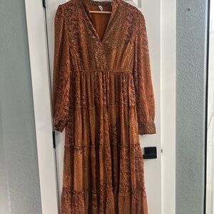Boho Tiered Long Sleeve Maxi Dress - Rust Floral